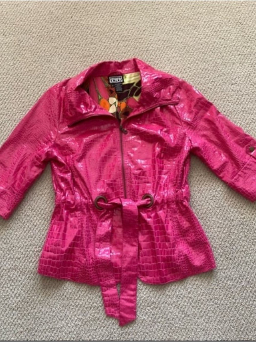 Berek Hot Pink Faux Crocodile Skin Y2K Peplum Jacket Waist Tie Size M RARE